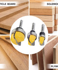 Three Pack Half Inch Shank Carbide Round Nose Groove Router Bits Set with ball bearing engraving head on various wood types.
