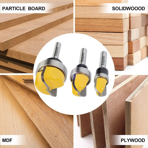 Three Pack Half Inch Shank Carbide Round Nose Groove Router Bits Set with ball bearing engraving head on various wood types.