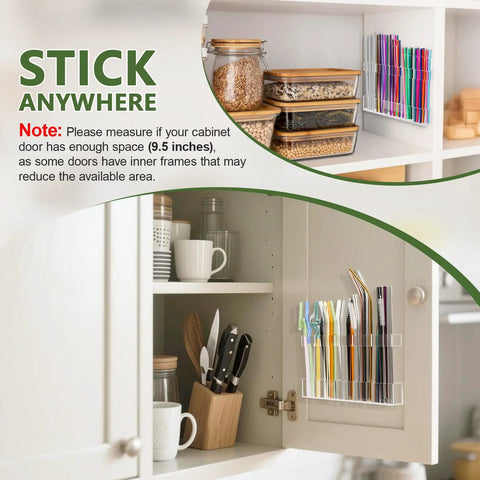 Premium Acrylic Straw Holder For Cabinet Door Split Design Hella Spacious Tumbler Organizer With Adjustable Height mounted on cabinet door.