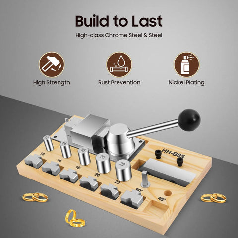 Pro Grade Ring Bender Tool Kit For DIY Jewelry Making With Dies, metal ring bending machine displayed on wooden base