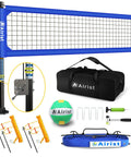 Heavy Duty Volleyball Net Set With Anti Sag System And Aluminum Poles Adjustable Height From Eight Feet To Seven Feet Eight Inches For Backyard Or Beach Play Includes Ball And Carrying Bag, showing net, poles, ball, bag, and accessories.