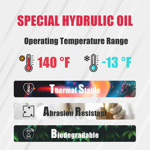 Car bottle jack hydraulic oil infographic; 20-ton jack, temp range 140°F to -13°F; thermal stable, abrasion resistant.