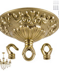 Vintage Brass Chandelier Canopy Kit With Heavy Duty Mounting Plate For 5.51 Inch Ceiling Cover, Supports Up To 55 Lbs, Open And Closed Hooks, DIY Ready Mounting Hardware For Farmhouse Industrial Traditional Lighting Built To Last. Brass ceiling canopy kit with mounting plate, hooks, screws, and anchors.