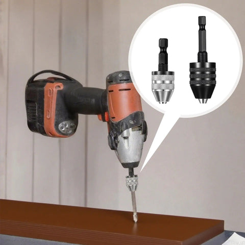 Two Pack Keyless Drill Chuck Adapter Set With One Quarter Inch Hex Shank for quick change on an impact driver, close-up view