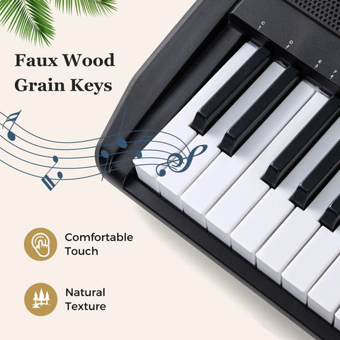 Close-up of 61 Key Portable Keyboard Piano With Stand And Bench Lighted Keys, showcasing faux wood grain keys texture.