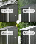 Metal Garden Shed 6x4 Outdoor Storage With Lockable Doors, showcasing windproof, waterproof, UV-resistant, snowproof features.