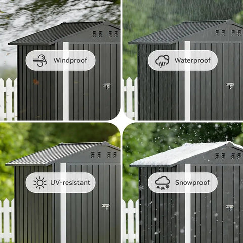 Metal Garden Shed 6x4 Outdoor Storage With Lockable Doors, showcasing windproof, waterproof, UV-resistant, snowproof features.