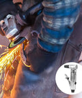 Powerhouse 90 Degree Pneumatic Die Grinder With 2 Inch Disc Running 20000 Rpm For Grinding Metal Wood And Rubber Fast Without Knuckle Busters In Your Home Shop Or Professional Garage, sparks flying while in use.