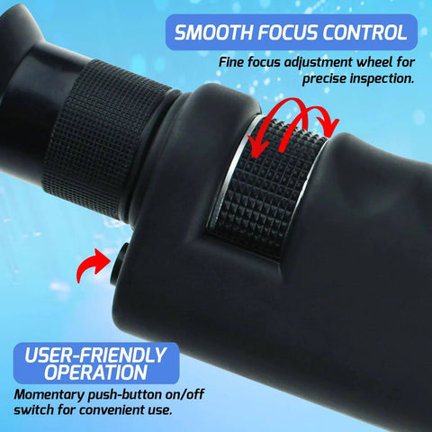 Close-up of focus control on Handheld Fiber Optic Microscope with 400x Magnification and LED Coaxial Illumination
