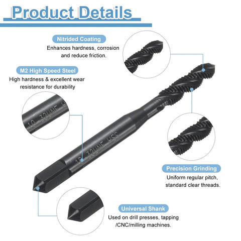 Heavy Duty Spiral Flute Thread Tap 10-32 UNF With H2 Precision For Smooth Right Hand Cutting Nitrided Coating shown with details on features.