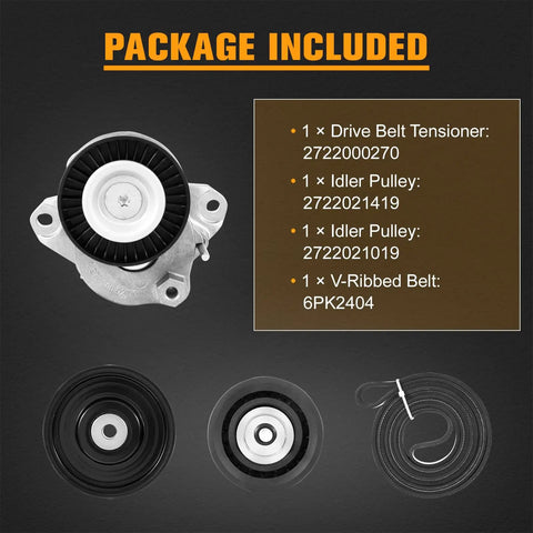 Package contents of Engine Drive Belt Tensioner Idler Pulley Kit For Mercedes-Benz V-Ribbed Serpentine Belt 2722021419 2722000270