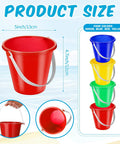 Red 5-inch bucket from 24 Piece Neon Beach Bucket Set For Kids with sizes and four colors shown