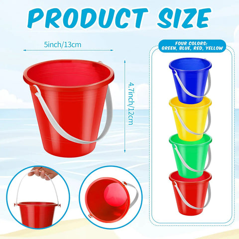 Red 5-inch bucket from 24 Piece Neon Beach Bucket Set For Kids with sizes and four colors shown