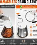 Damage-less drain cleaner comparison showing chemical cleaner vs Heavy Duty Drain Snake Auger With Slick Flex Steel Cable.