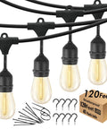 Close-up of 120 Ft Outdoor LED String Lights Waterproof With 40 Shatterproof Warm Edison Bulbs for patio use, box and accessories shown.