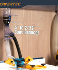Rock Solid 4 Inch To Two Half Inch Hose Cone Reducer Pack for Dust Collection Systems connecting hoses in workshop setup.