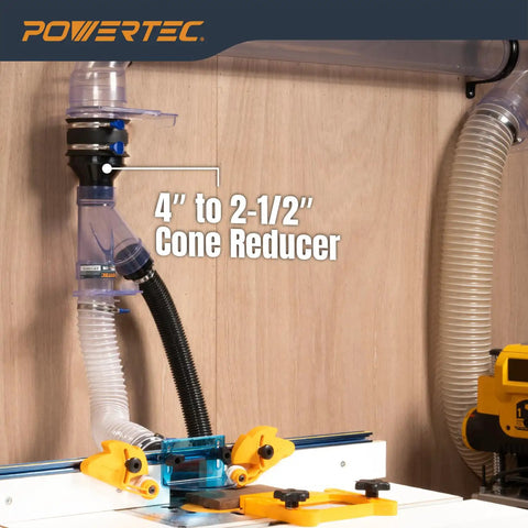 Rock Solid 4 Inch To Two Half Inch Hose Cone Reducer Pack for Dust Collection Systems connecting hoses in workshop setup.