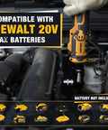 Cordless Three Eighth Inch Ratchet Wrench Packing Eighty Eight Foot Pounds Of Real Deal Power Running Smooth At Five Hundred Rpm Compatible With Dewalt Twenty Volt Batteries in auto shop engine compartment.