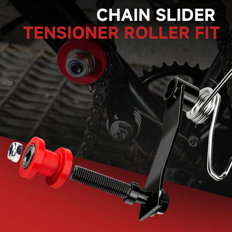 Chain Tensioner Roller Guide For ATVs And Mini Bikes, Beefy Aluminum And PU, screws and chain close-up view