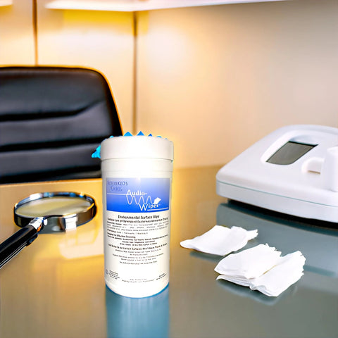 Front view of Audio Wipes cleaning towelettes large canister with blue label on a glass desk.