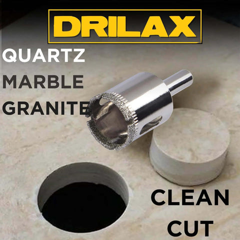 Drilax 1-inch diamond core drill bit for granite, marble and quartz countertops; silver metal body with diamond edge.