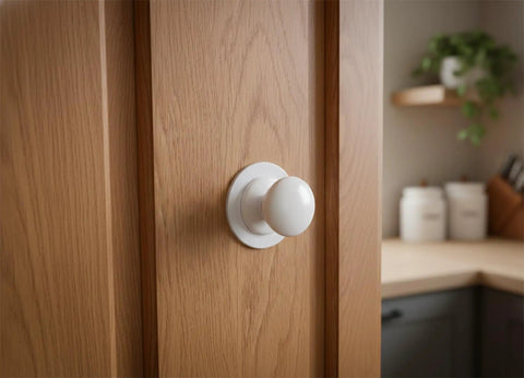 Two Pack XL White Bi Fold Closet Dummy Doorknobs With Wide Backplate installed on wooden bifold door in kitchen