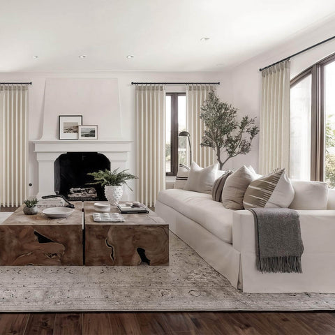 Living room with Pinch Pleated 78 Inch Curtains Two Panels For Living Room With Cozy Light Brown Linen Look Drapes For Track System Light Filtering Semi Sheer For Dining Bedroom And Office installed, sofa, and coffee table.