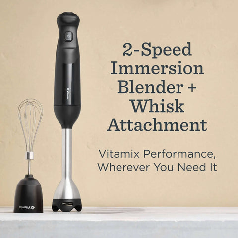 Slick Two Speed Immersion Blender With Whisk Attachment And Knockout 350 Watt Motor For Effortless Soup Blending Sauce Crafting And No Fuss Smoothie Mixing In Modern Black with whisk attachment displayed next to it.