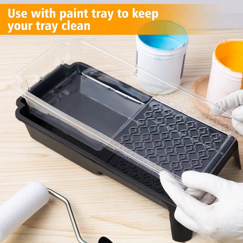 Disposable 4 Inch Paint Tray Liners Set With Plastic Tray And Roller Frame, showing tray and liner for no mess painting