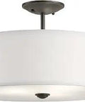 Three Light Round Semi Flush Ceiling Light With Satin Etched White Diffuser And White Microfiber Shade In Olde Bronze Finish
