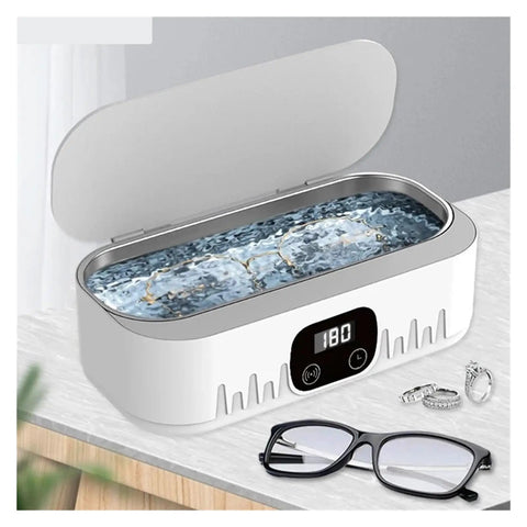 Knockout Portable Ultrasonic Cleaner For Glasses And Jewelry Using High Frequency Vibration And Eco Friendly Deep Wash Tech To Make Your Treasures Look Slick And Sparkling Fresh In Pink, with cleaning cycles displayed.