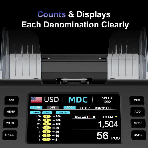 Mixed Denomination Money Counter With Supports 120 Currency Programs And Touch Screen, counterfeit detection display