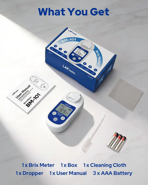 Digital Refractometer 0-55 Brix with ATC and IP65 Water Resistance, Ultra Fast Two-Second Readouts, Accuracy to 0.2 Percent, Perfect For Juices, Wine, Coffee, Home Brew And Kitchen Lab Testing. Kit with meter, box, manual, dropper, cloth, AAA batteries