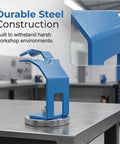 Heavy Duty Magnetic Welding Torch Holder With Snarl Free Heat Shield For Double Hand Workpiece Alignment, blue steel construction.