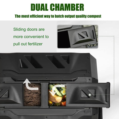 Close-up of a black Outdoor Tumbling Composter 43 Gallon Dual Chamber With Black Door showing sliding doors for compost removal.