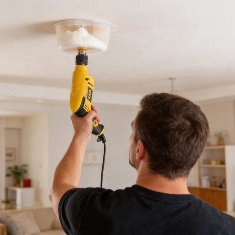 Workhorse Six And Four Inch Hole Saw Kit With Reusable Silicone Dust Bowl For Smooth Zero Mess Cuts On Recessed Lighting Ceiling Vents in use.