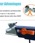 FUYEAR magnetic trailer surge brake lockout key with orange easy-release strap installed on trailer hitch