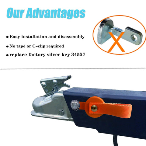 FUYEAR magnetic trailer surge brake lockout key with orange easy-release strap installed on trailer hitch