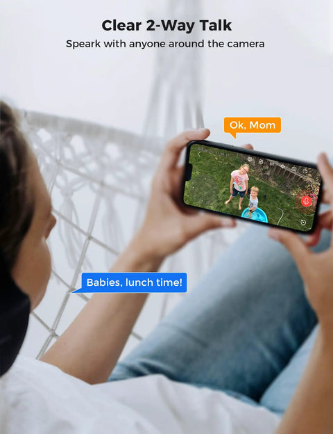 Person using 5MP Wireless Security Camera System With 8 Cameras Including PTZ And Bullet, 3TB HDD on smartphone for two-way talk feature
