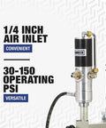 Air Operated Grease Pump Kit For 120-Lb Drums, 50 To 1 Ratio, features 1/4 inch air inlet and 30-150 operating PSI for versatile use.