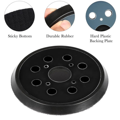 Two Pack 5 Inch Hook And Loop Orbital Sander Replacement Pad Backing Pad With Eight Holes Universal Fit For Most Sander Models Durable Black Designed For Easy Installation And Efficient Dust Extraction