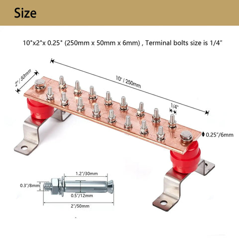 Heavy Duty 10 Inch Copper Ground Bar Kit with 900A Grounding Busbar and UL Recognized SM40 Insulators side view