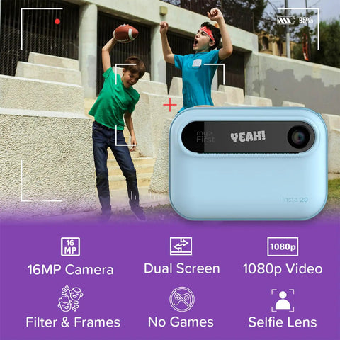 Instant Print Camera For Kids 16MP Inkless Prints With Digital Camera And Fun Frames Selfie Mode And Easy Controls Designed For Ages 3 To 12 A Kid Friendly Dope Mini Studio That Makes Birthday Gifts Feel Extra Cool., blue kids camera with dual screen, 16MP, selfie lens, and 1080p video