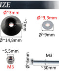 All In One Round Furniture Glide Kit In Black Plastic With 4 Glides, 4 M3 Screws, 4 Locking Nuts, And 4 Washers detailed sizes
