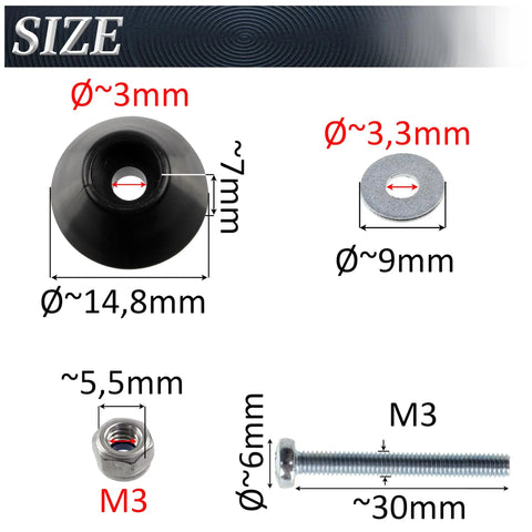 All In One Round Furniture Glide Kit In Black Plastic With 4 Glides, 4 M3 Screws, 4 Locking Nuts, And 4 Washers detailed sizes