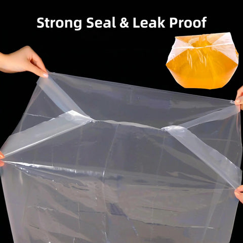 12 Pack Meat Lug Liners Disposable LDPE Bags For 4.6 To 7 Gallon Totes And 50 Pound Boxes being stretched by two hands