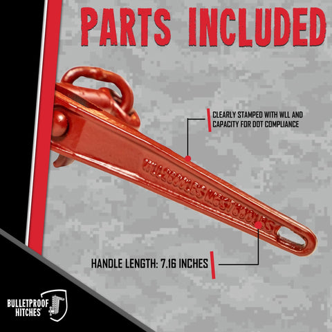 One Quarter To Five Sixteenth Inch Ratchet Binder With Grab Hooks For Grade 70 Chains, Rated 7,800 Lbs, Working Load 2,600 Lbs