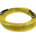 Pro Grade Heavy Duty Reinforced Polyurethane Air Hose 3 Eighths Inch ID, 100 Feet Long With Two 3 Eighths Inch MPT Reusable Strain Relief Fittings, Transparent Yellow, Cold Weather Flexible, Weather and Oil Resistant For Worksite Tough.