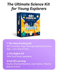 Over Sixty Hands On Science Kit For Kids Eight Plus box with illustrations and educational highlights.