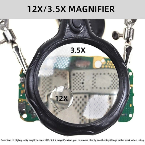 Close-up of Soldering Station Magnifier With Led Light 3.5X And 12X Magnifying Glass focusing on electronic circuit board.